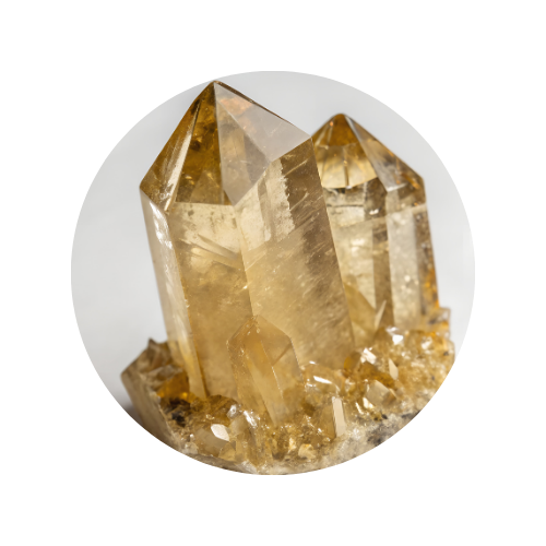 A golden quartz crystal on a white background