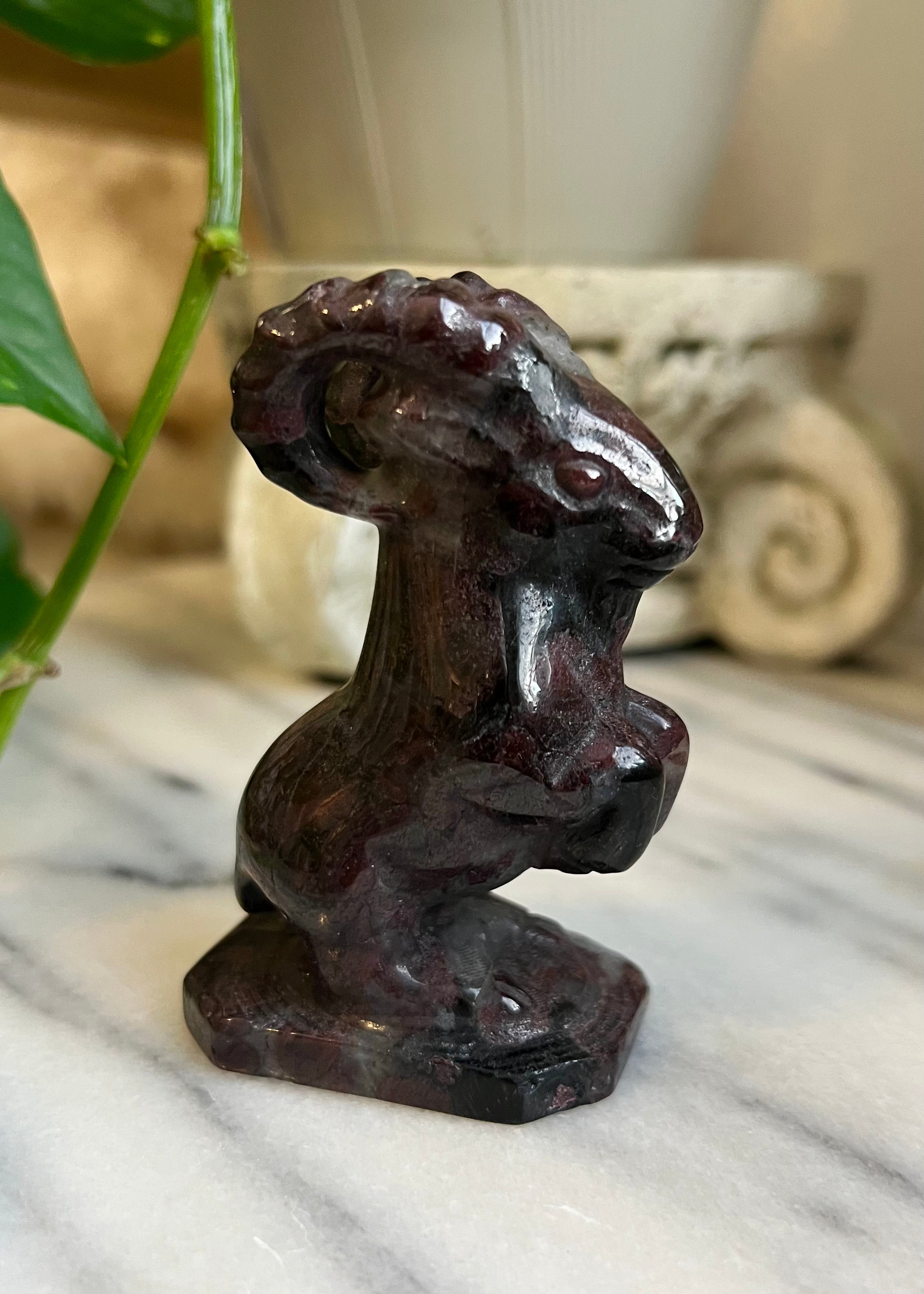 Ram Carving | Garnet & Arfvedsonite